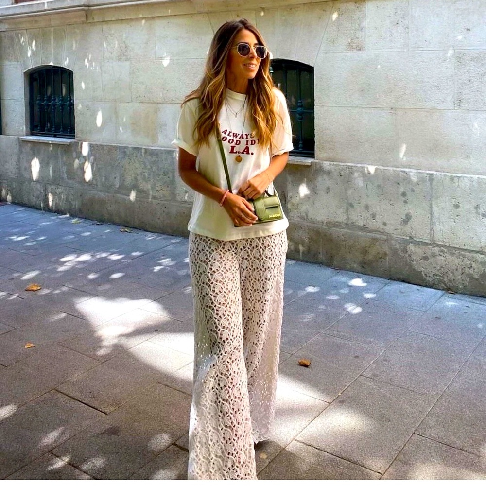 Zara Crochet Wide Leg Flared‎ Pants NWOT Small - Picture 2 of 9
